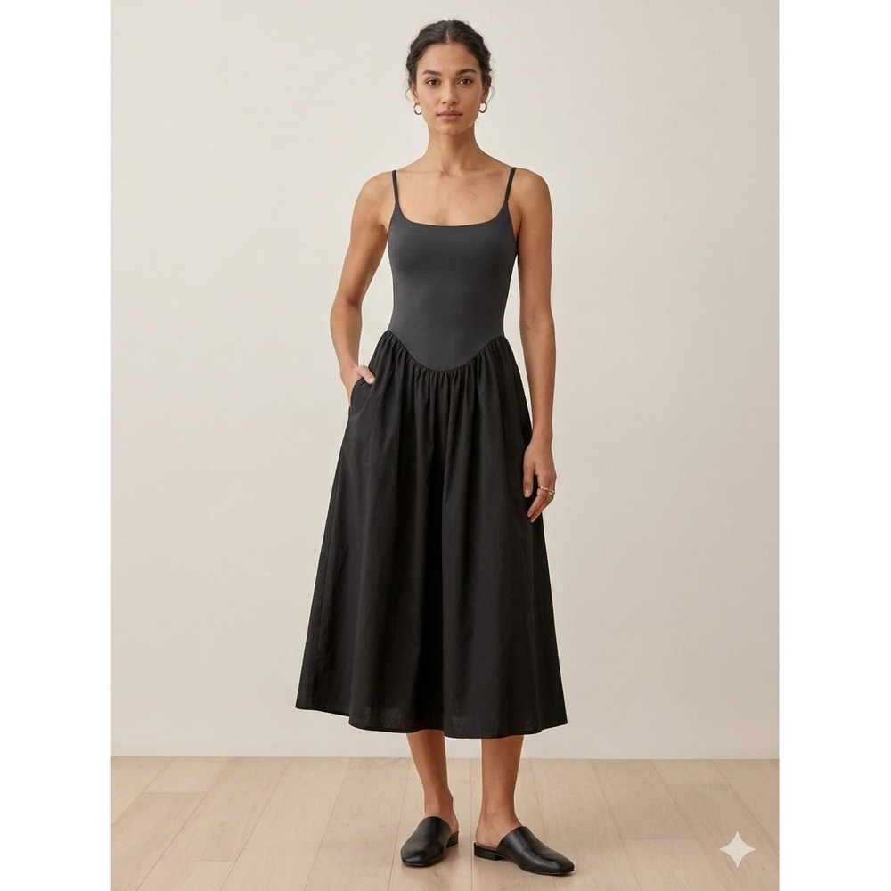 Chyrii Womens Black Square Neck Midi Dress Adjustable Straps Pockets Size S